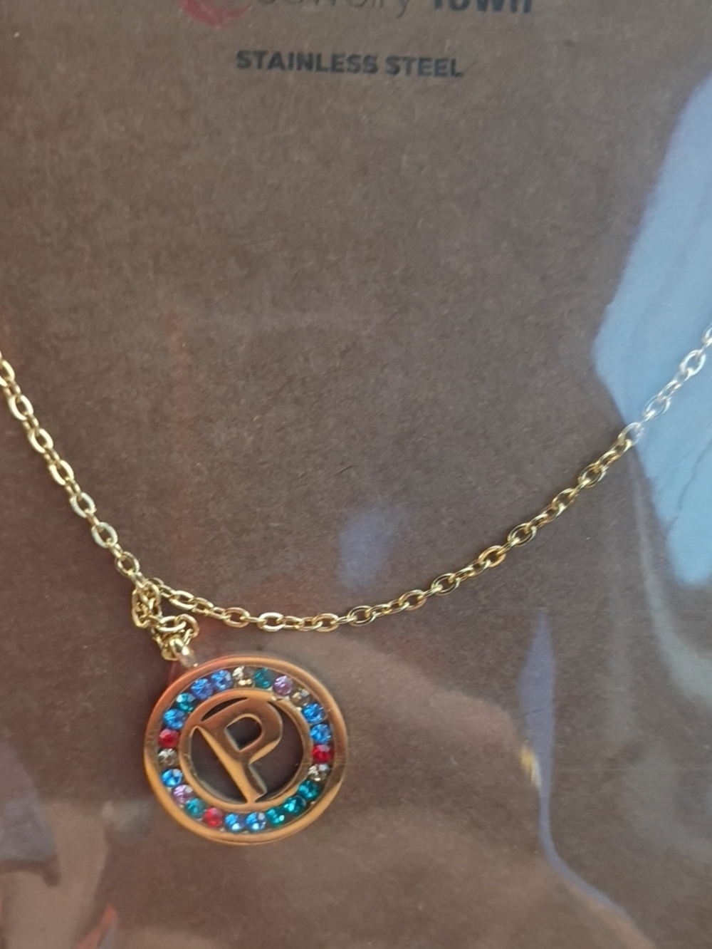 Gold-Tone 'P' Initial Pendant Necklace with Multicolor Stones -